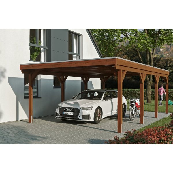 Skan Holz Carport Grunewald 427 cm x 796 cm mit EPDM-Dach Nussbaum