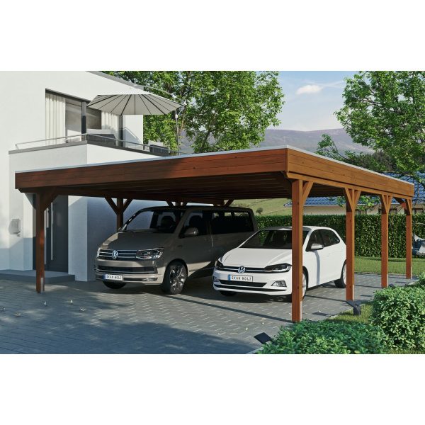 Skan Holz Carport Grunewald 622 cm x 796 cm mit Aluminiumdach Nussbaum