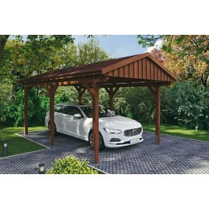 Skan Holz Carport Fichtelberg 317 cm x 566 cm Rote Schindeln Nussbaum