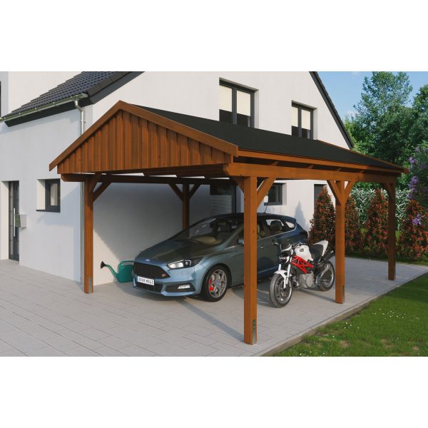 Skan Holz Carport Fichtelberg 423 cm x 566 cm Schwarze Schindeln Nussbaum