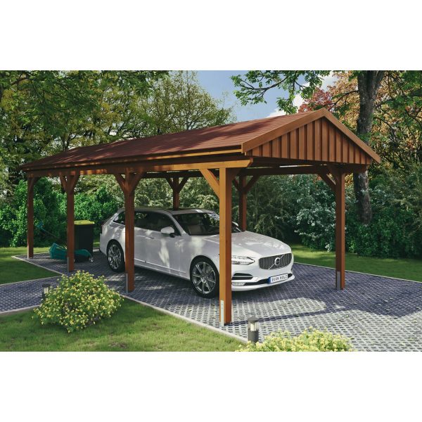 Skan Holz Carport Fichtelberg 317 cm x 808 cm Rote Schindeln Nussbaum