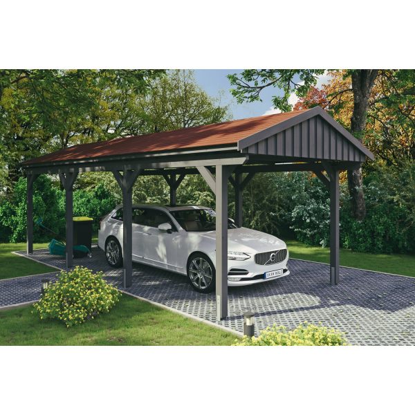 Skan Holz Carport Fichtelberg 317 cm x 808 cm Rote Schindeln Schiefergrau