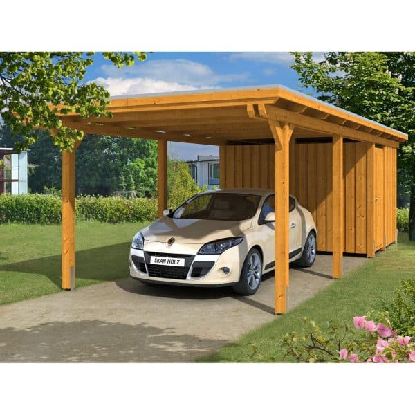 Skan Holz Einzelcarport Leimholz Eiche hell 354 cm x 846 cm mit Abstellraum