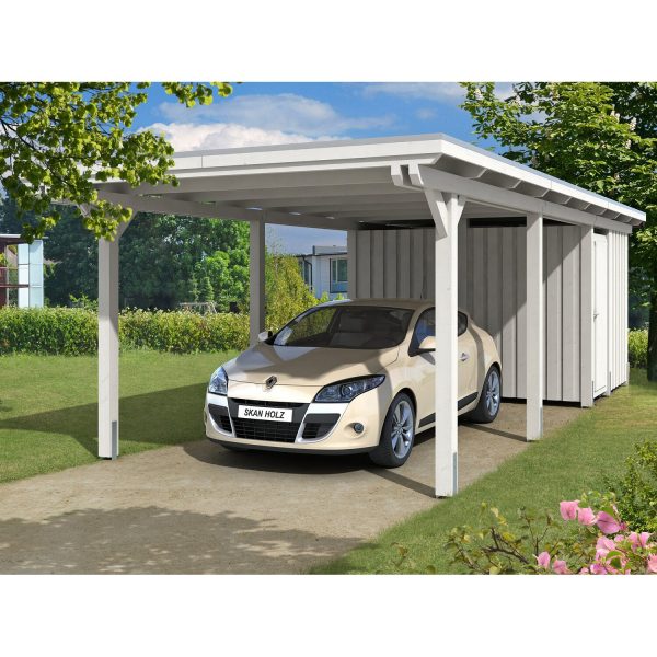 Skan Holz Einzelcarport Leimholz Weiß 354 cm x 846 cm mit Abstellraum