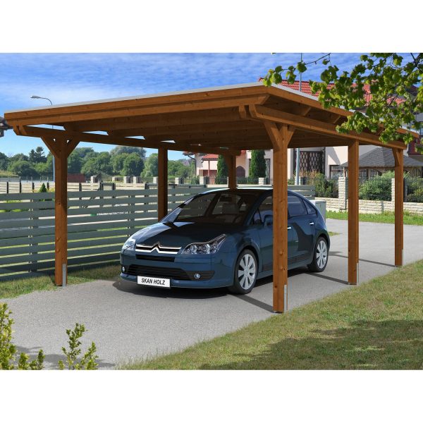 Skan Holz Einzelcarport Leimholz Nussbaum 404 cm x 604 cm