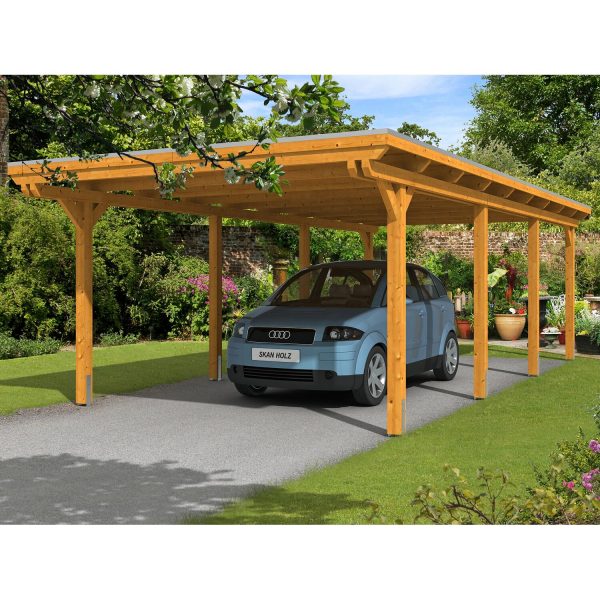 Skan Holz Einzelcarport Leimholz Eiche hell 404 cm x 846 cm Alu-Dachplatten