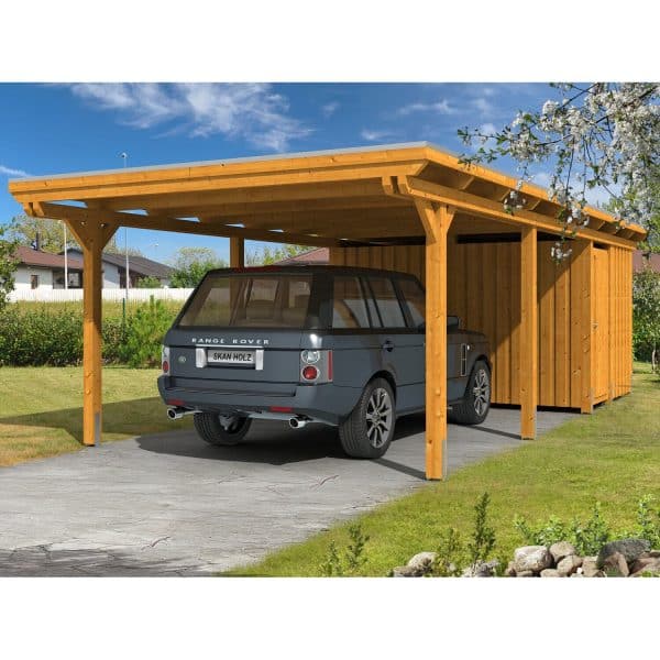 Skan Holz Carport Emsland 404 cm x 846 cm mit Abstellraum Eiche hell