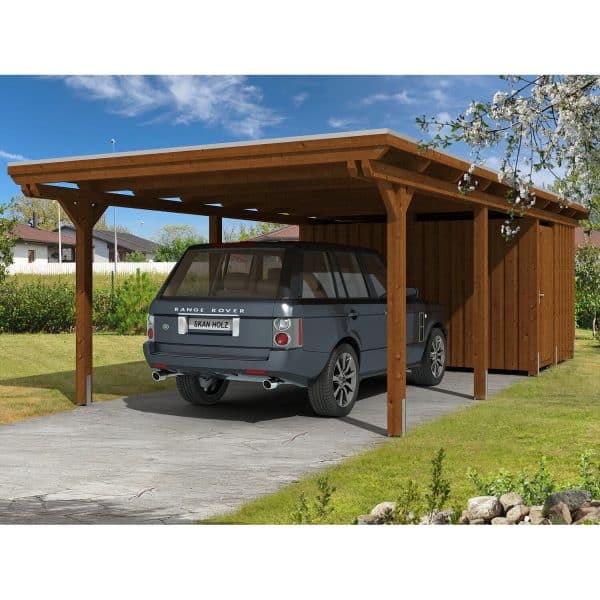 Skan Holz Carport Emsland 404 cm x 846 cm EPDM Dachbahn mit Abstellraum Nussbaum