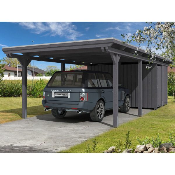 Skan Holz Carport Emsland 404 cm x 846 cm mit Abstellraum Schiefergrau