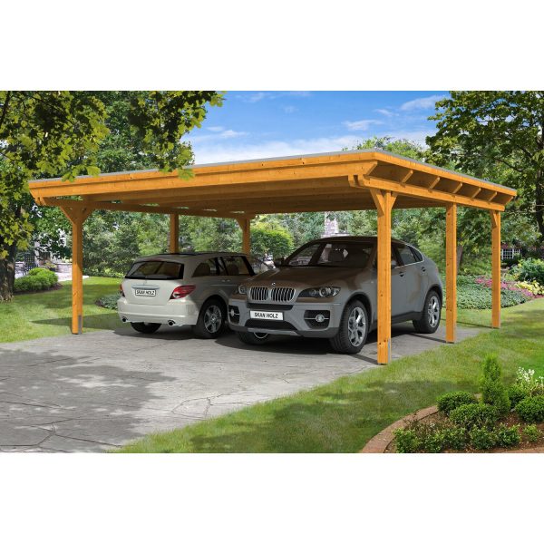 Skan Holz Doppelcarport Leimholz Eiche hell 613 cm x 604 cm