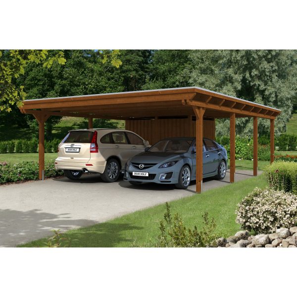 Skan Holz Carport Emsland 613 cm x 846 cm mit Abstellraum Nussbaum