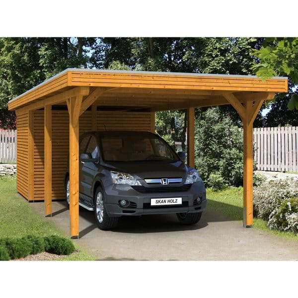 Skan Holz Carport Spessart 355 cm x 846 cm mit Abstellraum Eiche hell