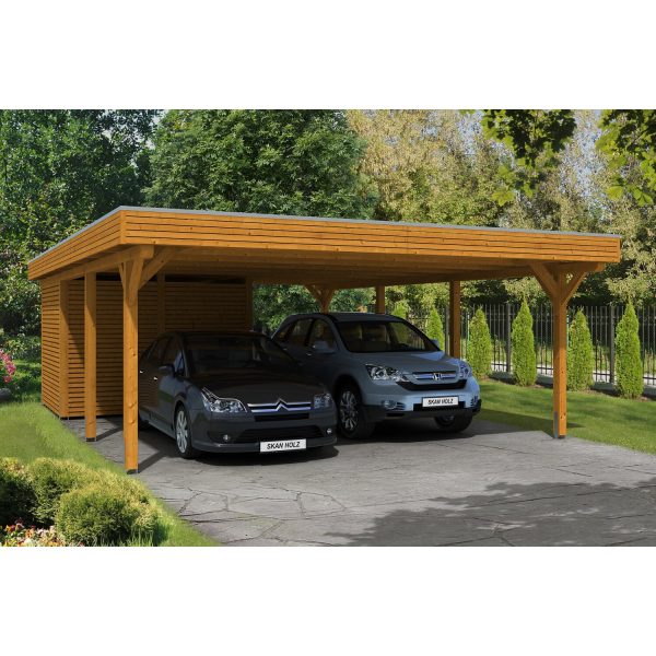 Skan Holz Carport Spessart 611 cm x 846 cm mit Abstellraum Eiche hell