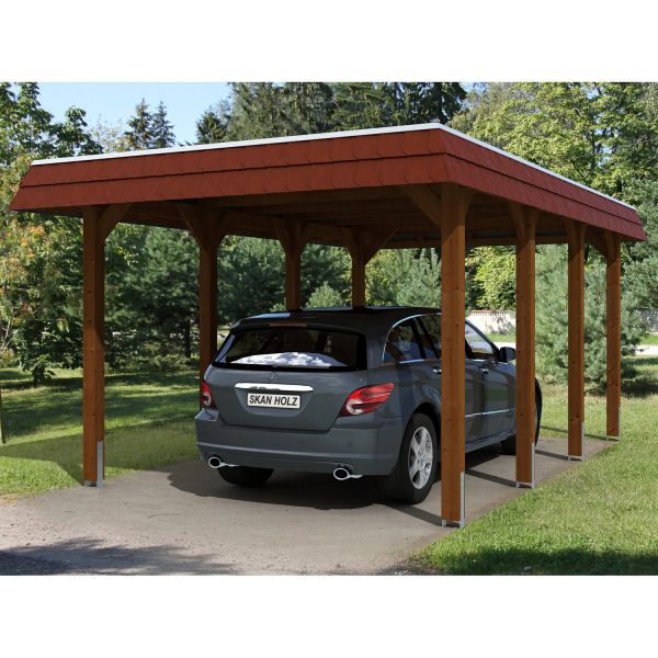 Skan Holz Carport Spreewald 345 cm x 589 cm rote Blende Nussbaum