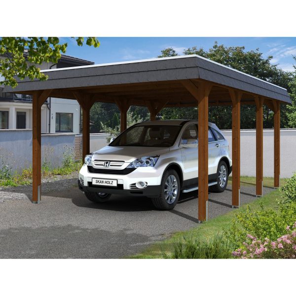 Skan Holz Carport Spreewald 396 cm x 589 cm schwarze Blende Nussbaum