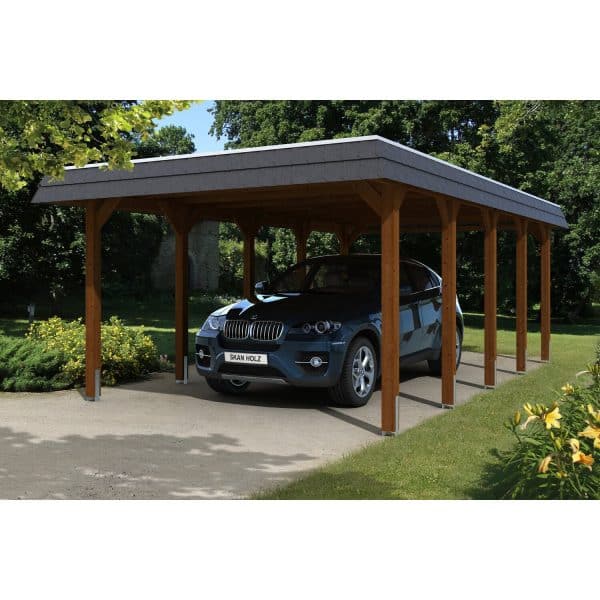 Skan Holz Carport Spreewald 396 cm x 741 cm Alu-Dach schwarze Blende Nussbaum