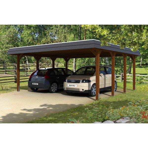 Skan Holz Carport Spreewald 585 cm x 589 cm schwarze Blende Nussbaum