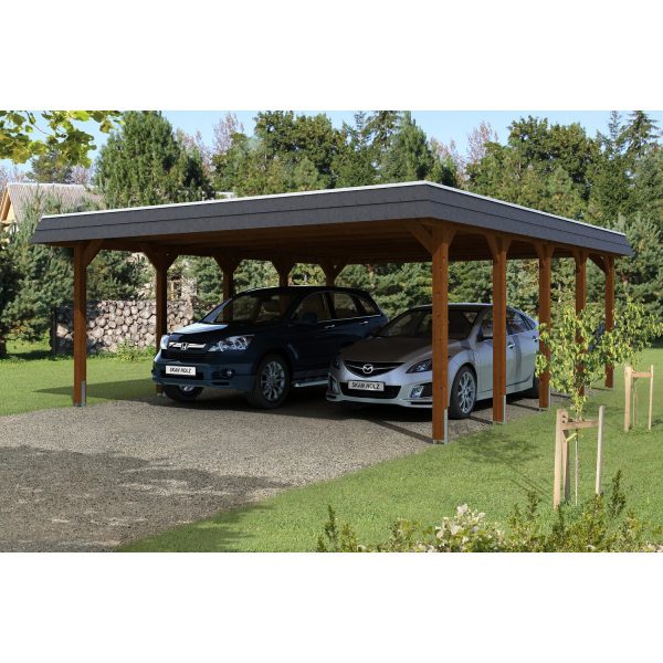 Skan Holz Carport Spreewald 585 cm x 741 cm schwarze Blende Nussbaum