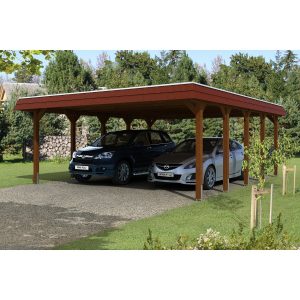 Skan Holz Carport Spreewald 585 cm x 741 cm rote Blende Nussbaum