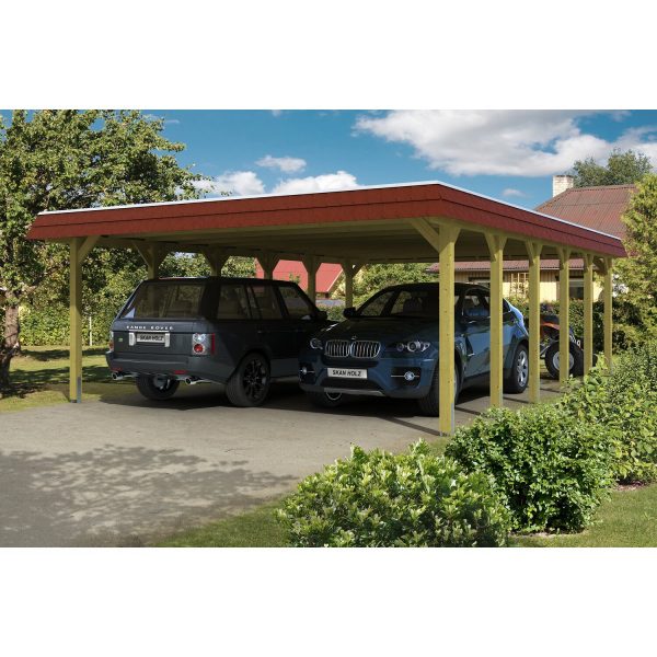 Skan Holz Walmdach-Doppelcarport Spreewald 585 cm x 893 cm Blende in Rot