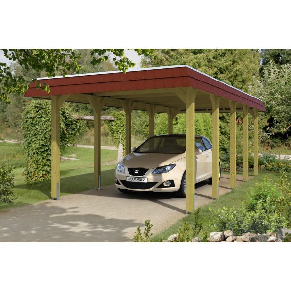 Skan Holz Walmdach-Carport Spreewald 345 cm x 741 cm Blende in Rot