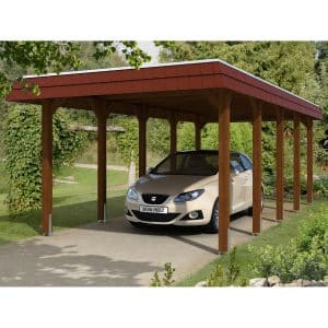 Skan Holz Carport Spreewald 345 cm x 741 cm rote Blende Nussbaum