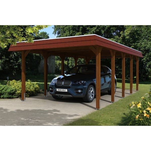 Skan Holz Carport Spreewald 396 cm x 741 cm rote Blende EPDM Dachbahn Nussbaum