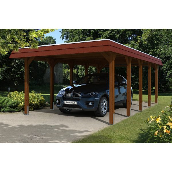 Skan Holz Carport Spreewald 396 cm x 741 cm rote Blende Nussbaum