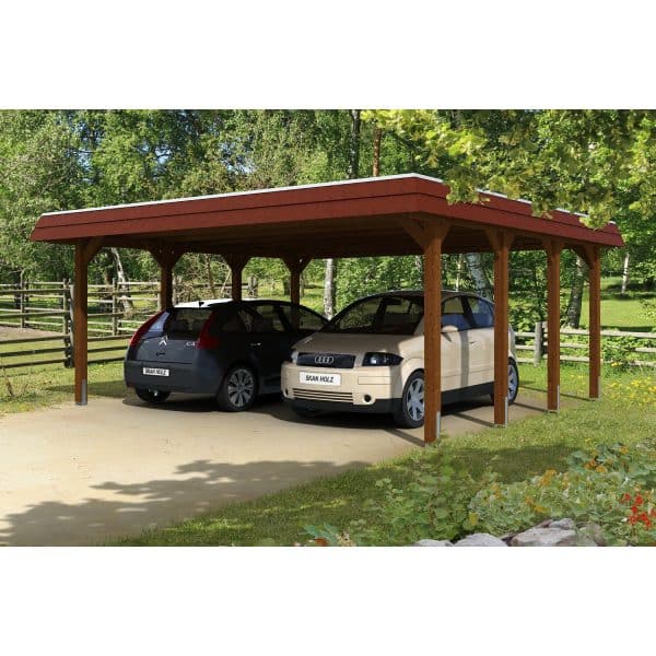 Skan Holz Doppelcarport Spreewald Holz Nussbaum 585 cm x 589 cm