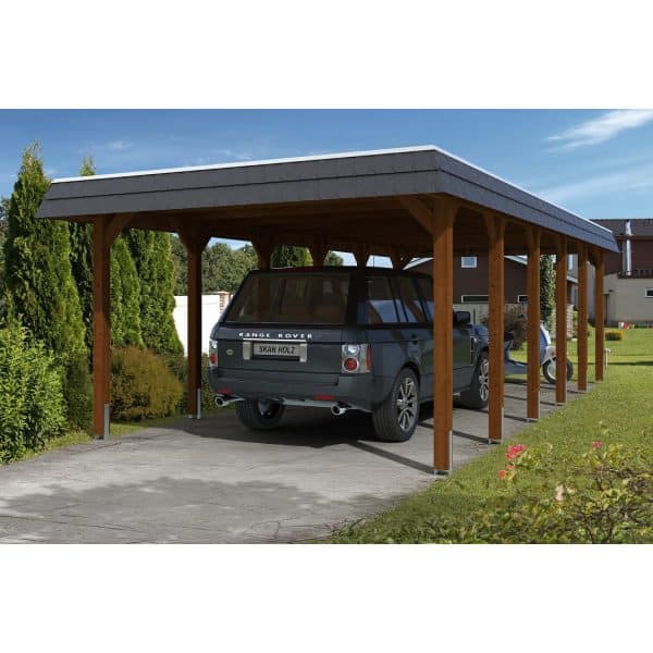 Skan Holz Carport Spreewald 396 cm x 893 cm EPDM Dachbahn Nussbaum