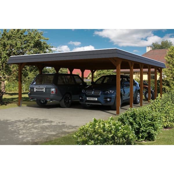 Skan Holz Carport Spreewald 585 cm x 893 cm schwarze Blende Nussbaum