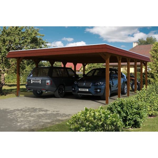 Skan Holz Carport Spreewald 585 cm x 893 cm rote Blende Nussbaum