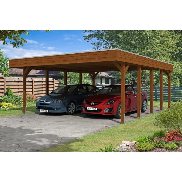 Skan Holz Doppelcarport Holz Nussbaum 557 cm x 708 cm