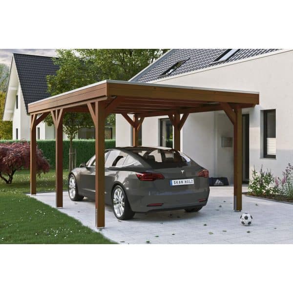 Skan Holz Carport Grunewald 321 cm x 554 cm mit Aluminiumdach Nussbaum