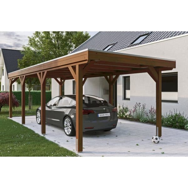 Skan Holz Carport Grunewald 321 cm x 796 cm mit EPDM-Dach Nussbaum