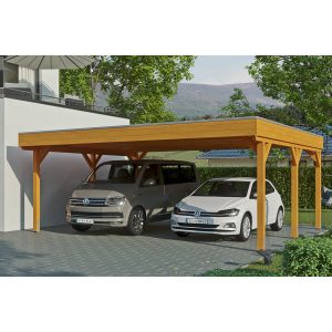 Skan Holz Carport Grunewald 622 cm x 554 cm mit Aluminiumdach Eiche Hell