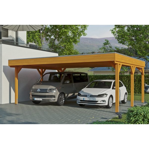 Skan Holz Carport Grunewald 622 cm x 554 cm mit Aluminiumdach Eiche Hell