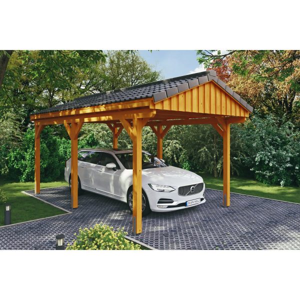 Skan Holz Carport Fichtelberg 317 cm x 566 cm Dachlattung Eiche Hell