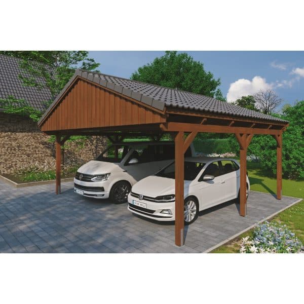 Skan Holz Carport Fichtelberg 618 cm x 566 cm Dachlattung Nussbaum