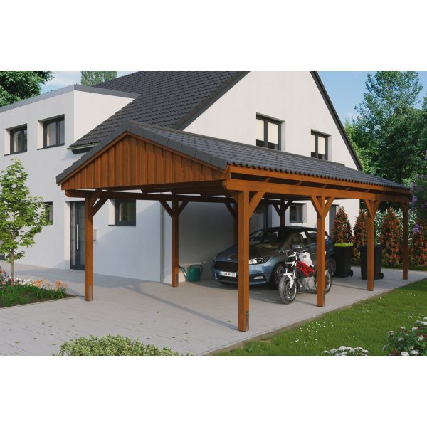 Skan Holz Carport Fichtelberg 423 cm x 808 cm Dachlattung Nussbaum