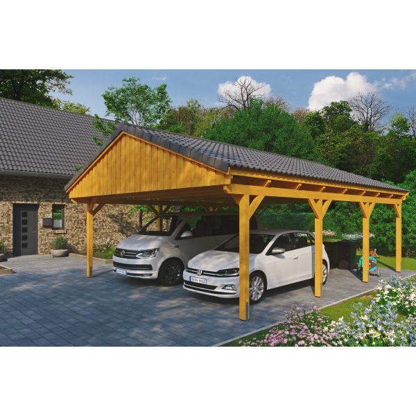 Skan Holz Carport Fichtelberg 618 cm x 808 cm Dachlattung Eiche Hell