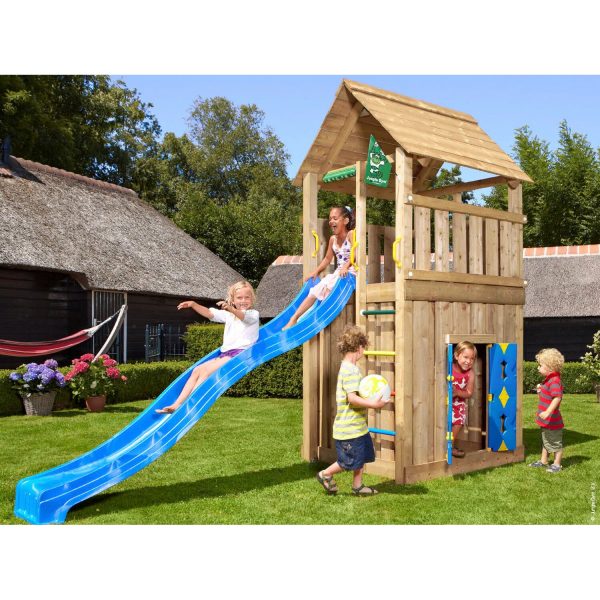 Jungle Gym Holzspielturm Cabin Spielhaus mit Rutsche Blau