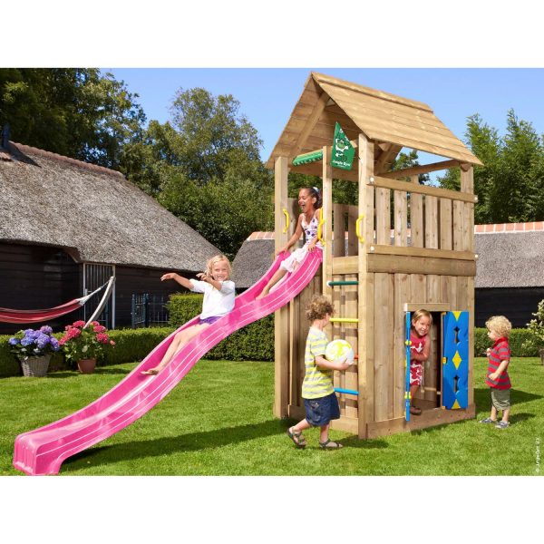 Jungle Gym Holzspielturm Cabin Spielhaus mit Rutsche Fuchsia