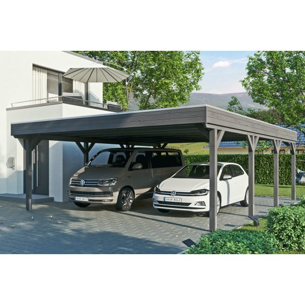 Skan Holz Carport Grunewald 622 cm x 796 cm mit Aluminiumdach Schiefergrau