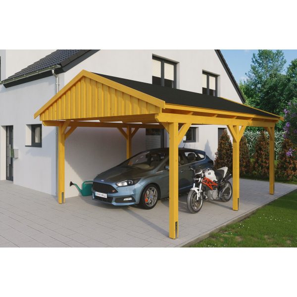 Skan Holz Carport Fichtelberg 423 cm x 566 cm Schwarze Schindeln Eiche Hell