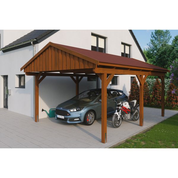 Skan Holz Carport Fichtelberg 423 cm x 566 cm Rote Schindeln Nussbaum