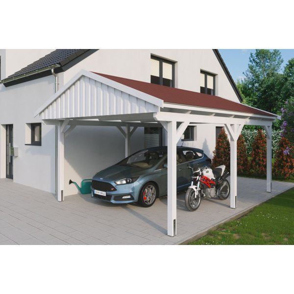 Skan Holz Carport Fichtelberg 423 cm x 566 cm Rote Schindeln Weiß