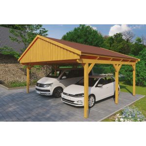 Skan Holz Carport Fichtelberg 618 cm x 566 cm Rote Schindeln Eiche Hell