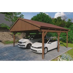 Skan Holz Carport Fichtelberg 618 cm x 566 cm Rote Schindeln Nussbaum