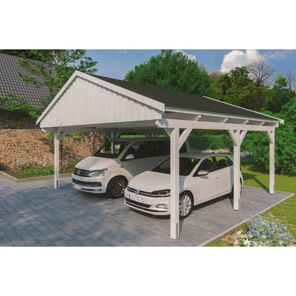 Skan Holz Carport Fichtelberg 618 cm x 566 cm Schwarze Schindeln Weiß